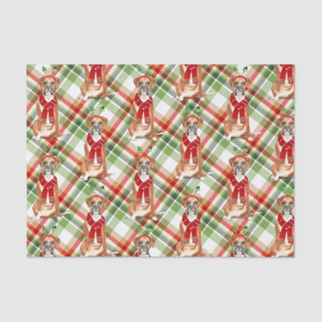 Green Plaid and Christmas Boxer Dog Lover Holiday Tissue Paper (Front)