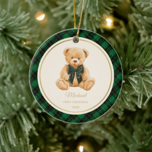 Green Plaid Baby First Christmas Teddy Bear Photo Ceramic Ornament