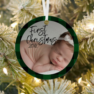 Green Plaid Baby's First Christmas Metal Ornament