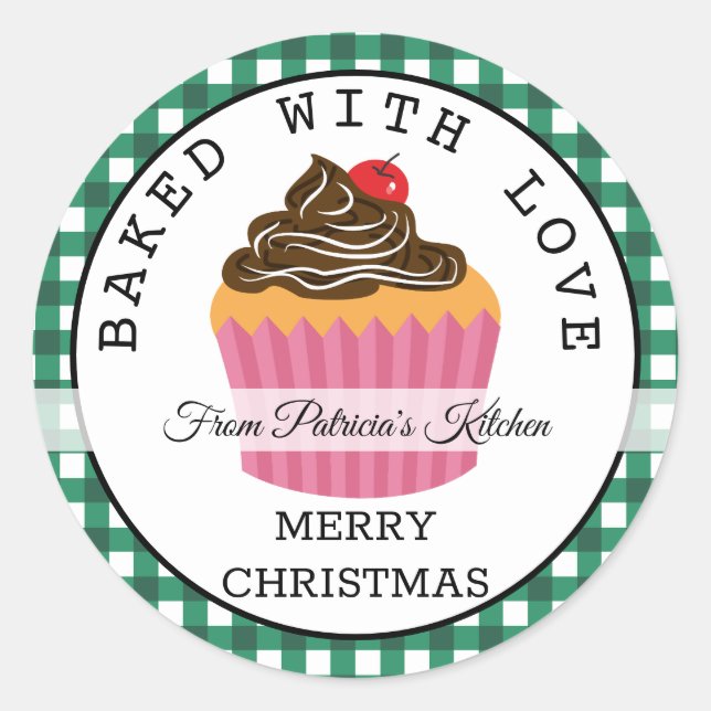Green Plaid Baked With Love Christmas Cupcakes Classic Round Sticker (Front)