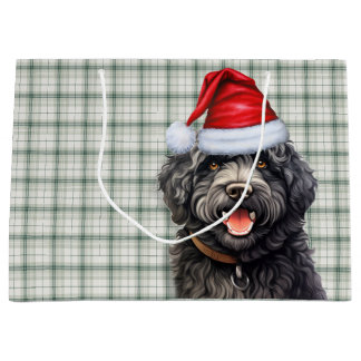 Green Plaid Barbet Dog Holiday Large Gift Bag