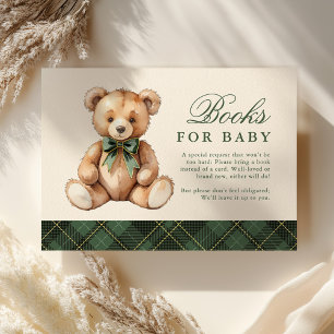 Green Plaid Bear Baby Shower Books For Baby Enclosure Card