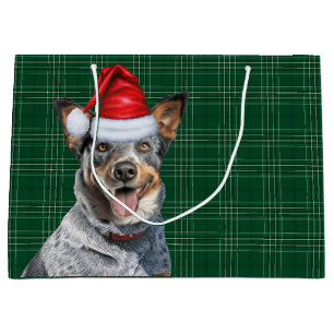 Green Plaid Blue Heeler Dog Lover Holiday Large Gift Bag