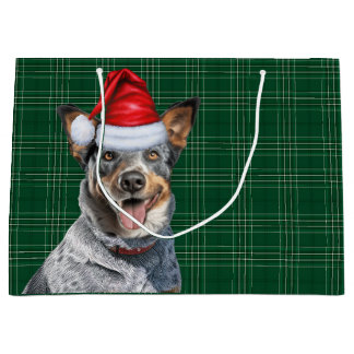 Green Plaid Blue Heeler Dog Lover Holiday Large Gift Bag