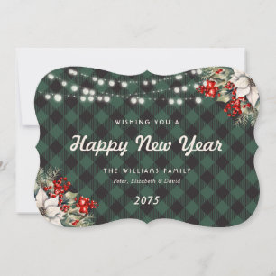 Green Plaid Botanical String Lights New Year Card