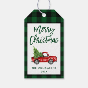 Green Plaid Brush Script Christmas Vintage Truck Gift Tags