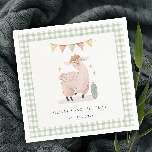 Green Plaid Cactus Boho Llama Any Age Birthday Napkin (Creator Uploaded)
