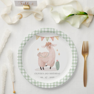 Green Plaid Cactus Boho Llama Any Age Birthday Paper Plate