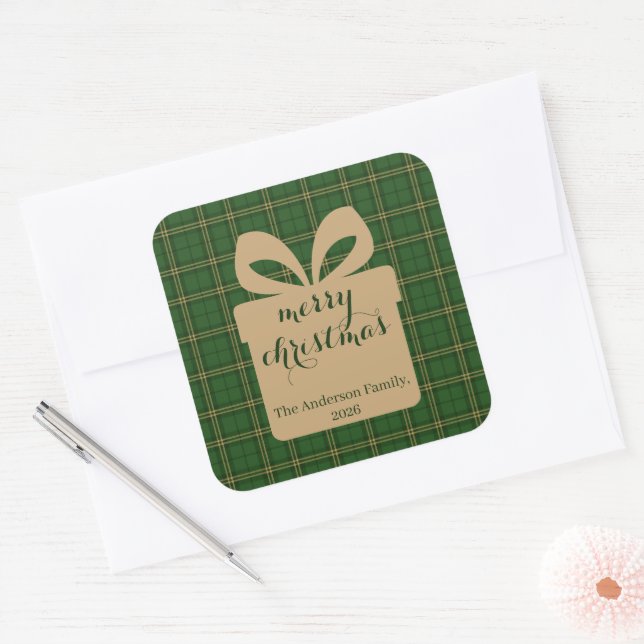 Green Plaid Christmas Festive Pattern -  Square Sticker (Envelope)
