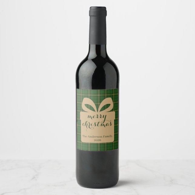 Green Plaid Christmas Festive Pattern -  Wine Label (Front)