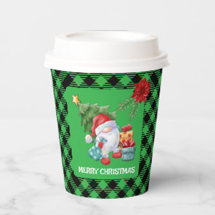Green Plaid Christmas Gnome Paper Cups