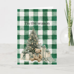 Green Plaid Christmas Tree Teddy Bear Gifts Card