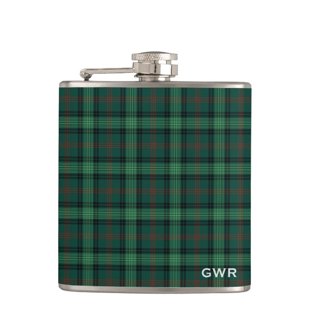 Green Plaid Clan Ross Hunting Tartan Monogram Hip Flask (Front)