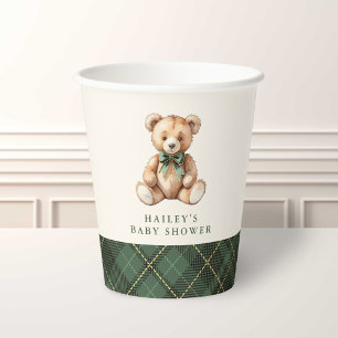 Green Plaid Classic Teddy Bear Baby Shower Paper Cups