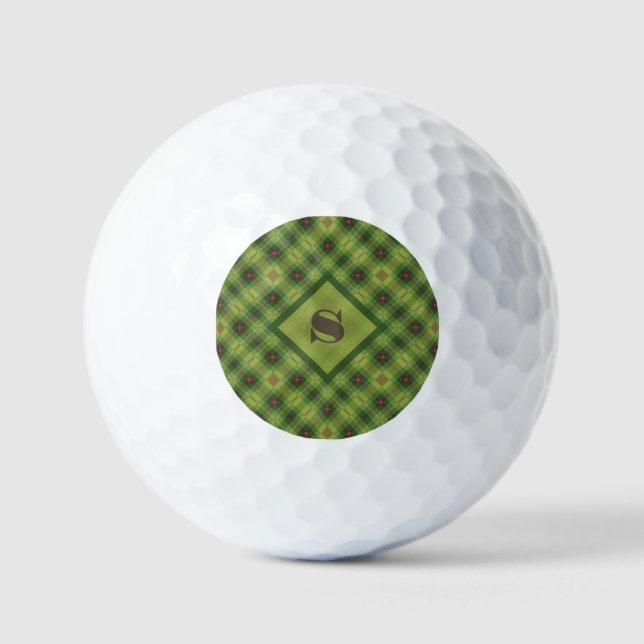 Green Plaid Custom Monogram Christmas Golf Balls (Front)