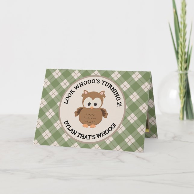 Green Plaid Cute Owl Photo 2nd Birthday Invitation (Front)