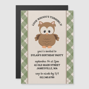 Green Plaid Cute Retro Owl Birthday Magnetic Invitation