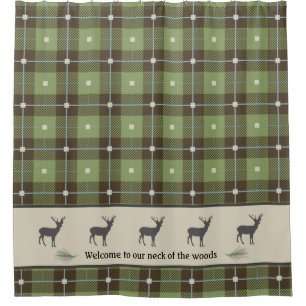Green Plaid Deer Cabin Shower Curtain
