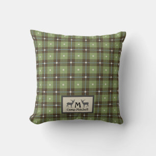 Green Plaid Deer Cabin Throw Pillow