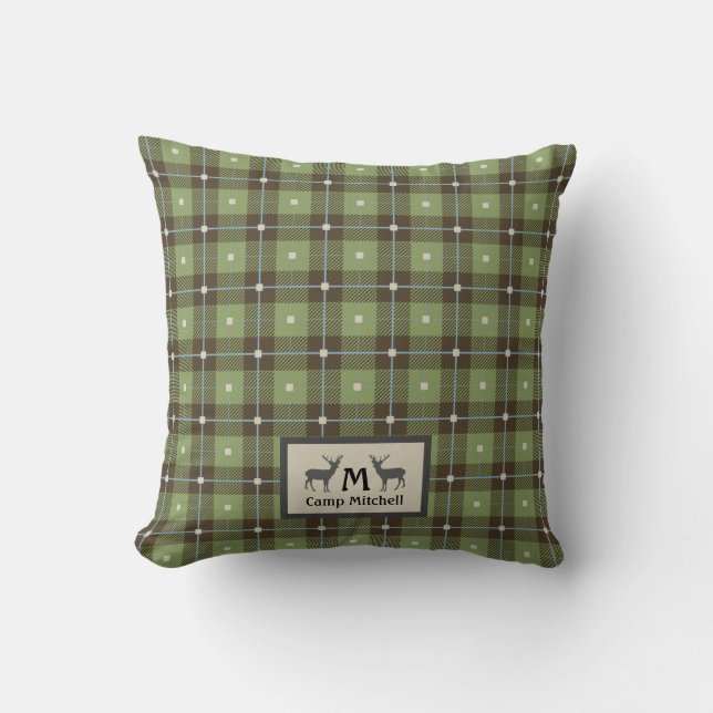 Green Plaid Deer Cabin Throw Pillow (Front)