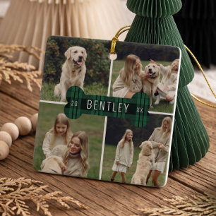 Green Plaid Dog Photo Collage Keepsake Christmas Ceramic Ornament