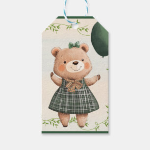Green Plaid Dress Bear with Hair Bow Gift Tags
