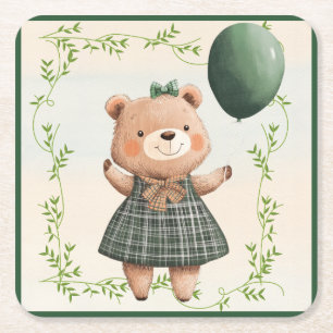 Green Plaid Dress Bear with Hair Bow Square Paper Coaster