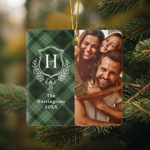 Green Plaid Family Crest Photo Christmas Ceramic Ornament