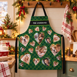 Green  Plaid Family Heart Photo Collage Name  Apron