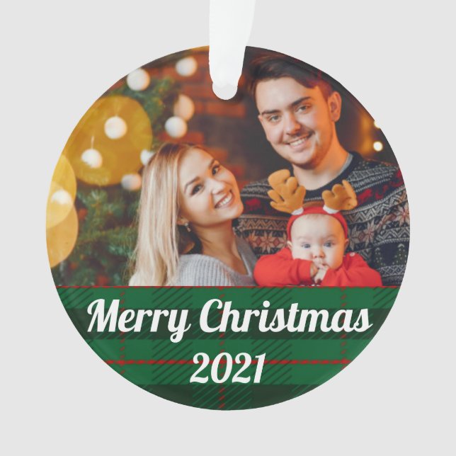 Green Plaid Family Personalized Christmas Ornament (Front)
