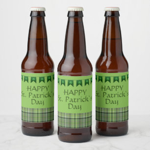 Green Plaid Flags Happy St Patrick`s Day Beer Bottle Label