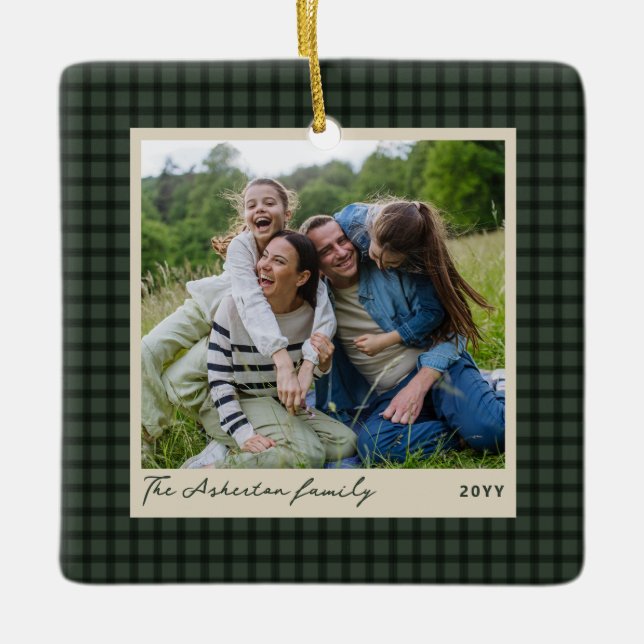 Green plaid frame simple photo Christmas Ceramic Ornament (Front)