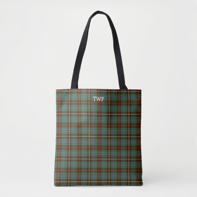 Green Plaid Fraser Hunting Tartan Monogram Tote Bag (Front)