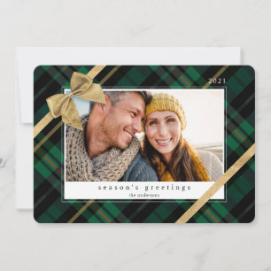 Green Plaid Gift Wrapped & Gold Bow Present Photo Holiday Card