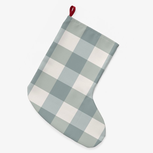 Green Plaid Gingham Country Farmhouse Simple Large Christmas Stocking (Front (Hanging))