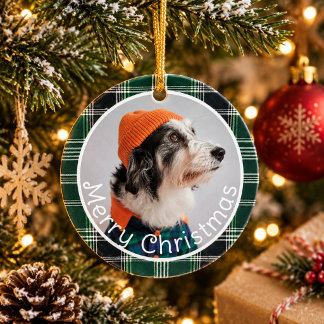 Green Plaid Gingham Playful Pets Photo Christmas Ceramic Ornament