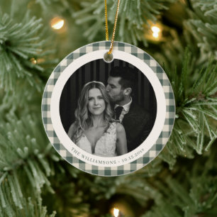 Green Plaid Gingham Wedding Photo Holiday Keepsake Ceramic Ornament