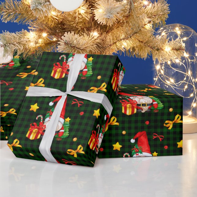 Green Plaid Gnome Santa Wrapping Paper (Holidays)