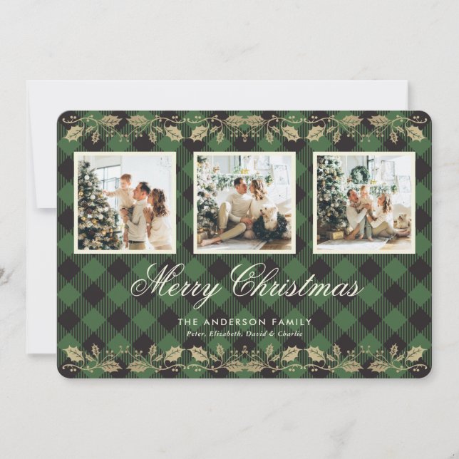 Green Plaid Gold Holly Photo Joyeuse carte de Noël (Devant)