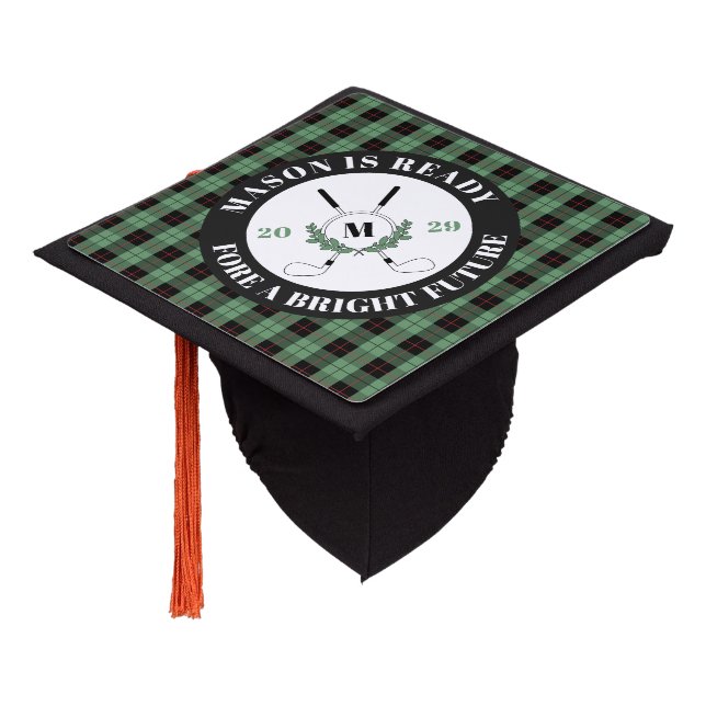 Green Plaid Golf Themed Graduation  Cap Topper (Angled)