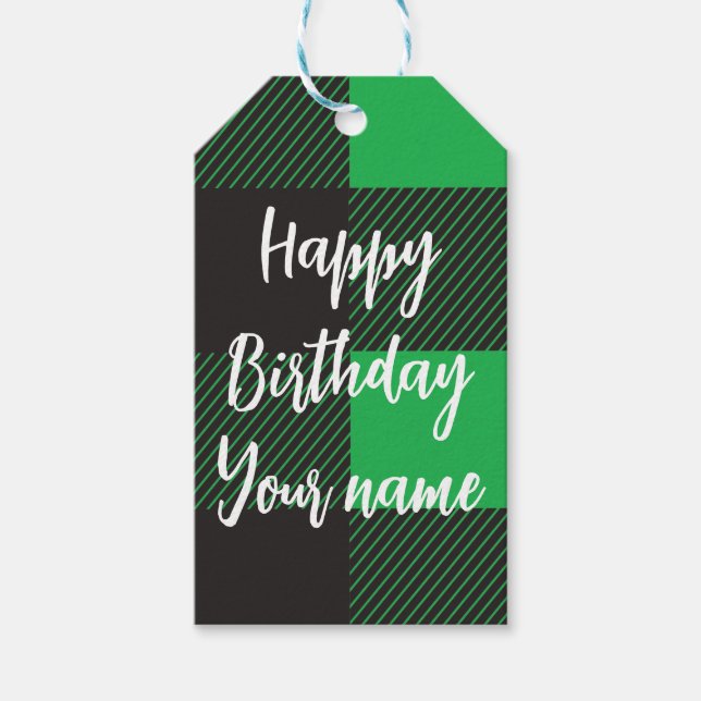 Green Plaid Happy Birthday Gift Tags (Front)