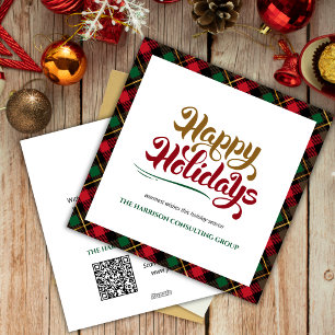  Green Plaid Happy Holidays Business Logo QR Code  Holiday Card