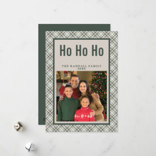 Green Plaid Ho Ho Ho Family Photo Holiday Card