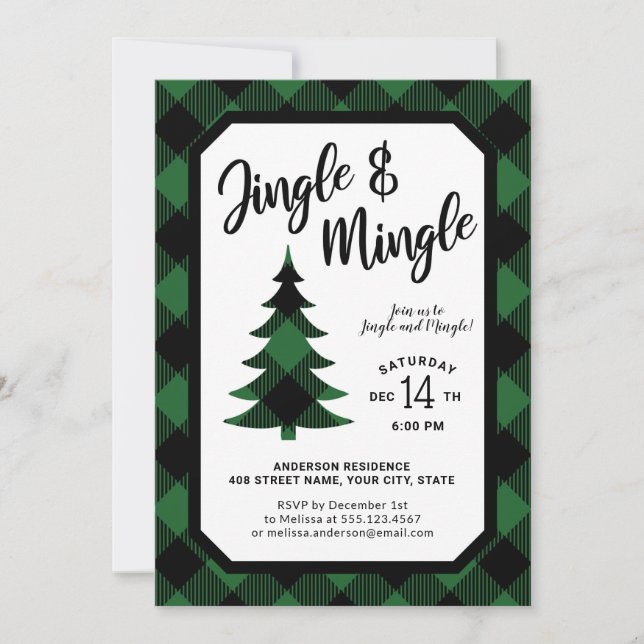 Green Plaid Jingle and Mingle Holiday Party Invitation (Front)