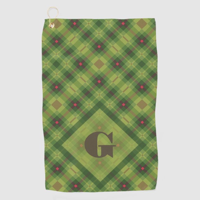 Green Plaid Large Custom Monogram Christmas Golf Towel (Front)