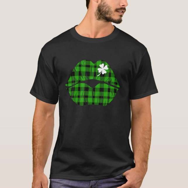 Green Plaid Lips Shamrock Lips Irish Costume St Pa T-Shirt (Front)