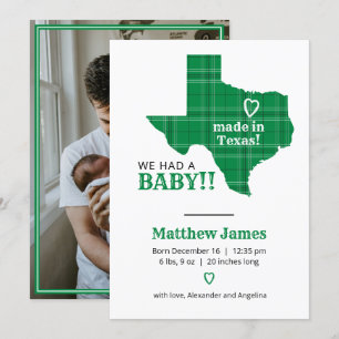 Green Plaid Made In Texas Vertical Photo Announcement