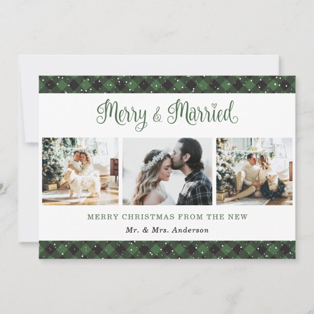 Green Plaid Merry and Married Christmas Card (Front)