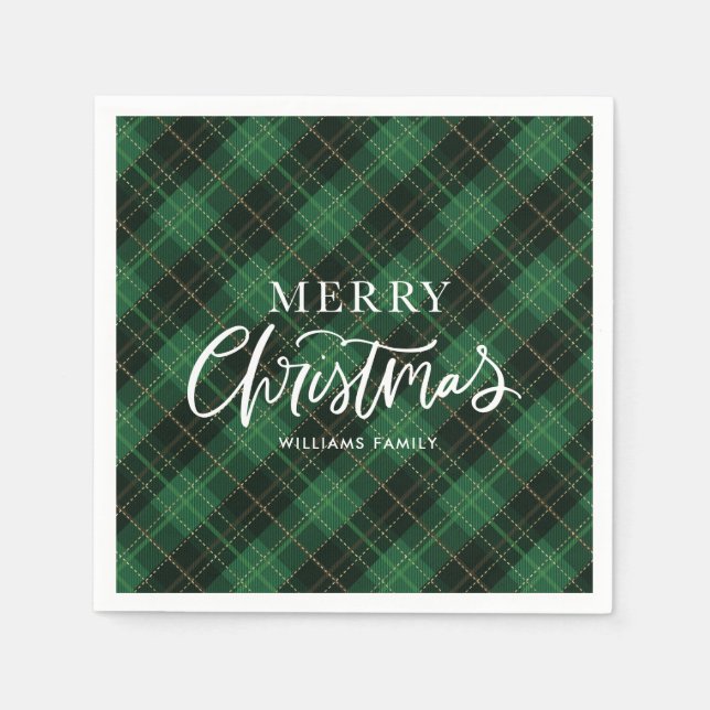 Green Plaid Merry Christmas Festive Napkin (Front)
