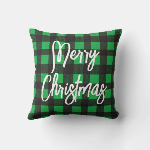 Green Plaid Merry Christmas Throw Pillow